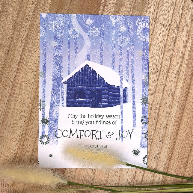 Blue, Green Log Cabin Business Holiday Cards (Simple Blue, Green Logo Company Holiday Card, Winter Log Cabin in Forest, Blue, Sage Green)