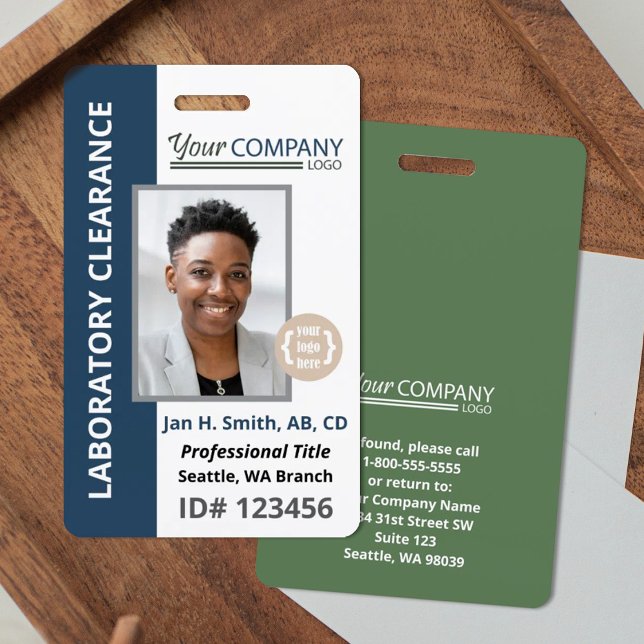 Blue Green Logo Entry Employee Photo ID ID Badge (Navy blue and sage green company identification badge, logo and photo entry badge)