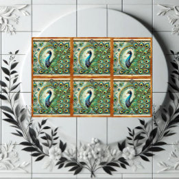 Blue Green Majestic Peacock Golden Feathers Motif Ceramic Tile