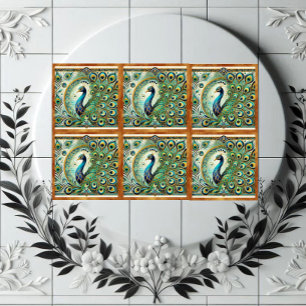 Blue Green Majestic Peacock Golden Feathers Motif  Ceramic Tile