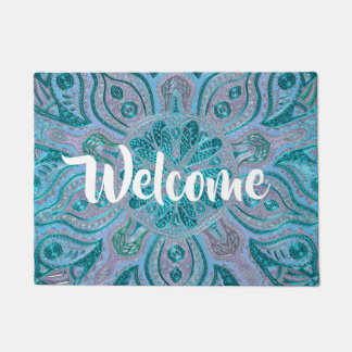 Blue Green Mandala Abstract Welcome Mat