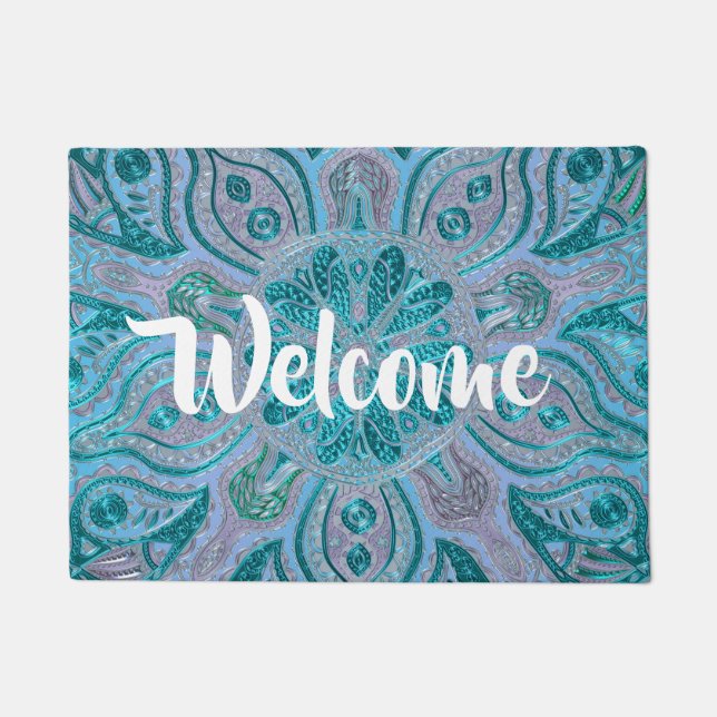 Blue Green Mandala Abstract Welcome Mat (Front)