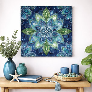 Blue Green Mandala Floral Watercolor Art Poster