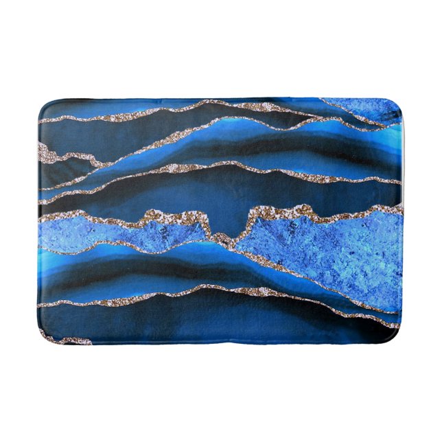 BLUE GREEN MARBLE AGATE GOLD GLITTER GLAM  BATH MAT (Front)
