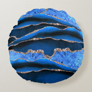 BLUE GREEN MARBLE AGATE GOLD GLITTER GLAM ROUND CUSHION