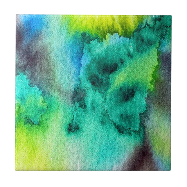 Blue Green marble Tie dye watercolor Ceramic Tile (Front)