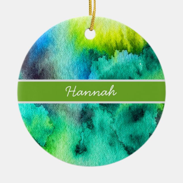 Blue Green marble watercolor art Ceramic Ornament (Front)