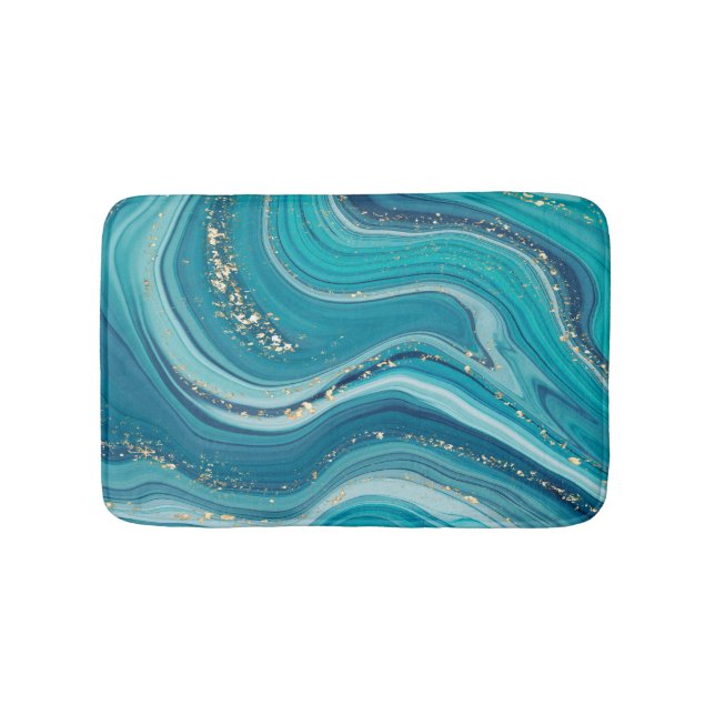 Blue Green Marbled Gold Glitter  Bath Mat (Front)