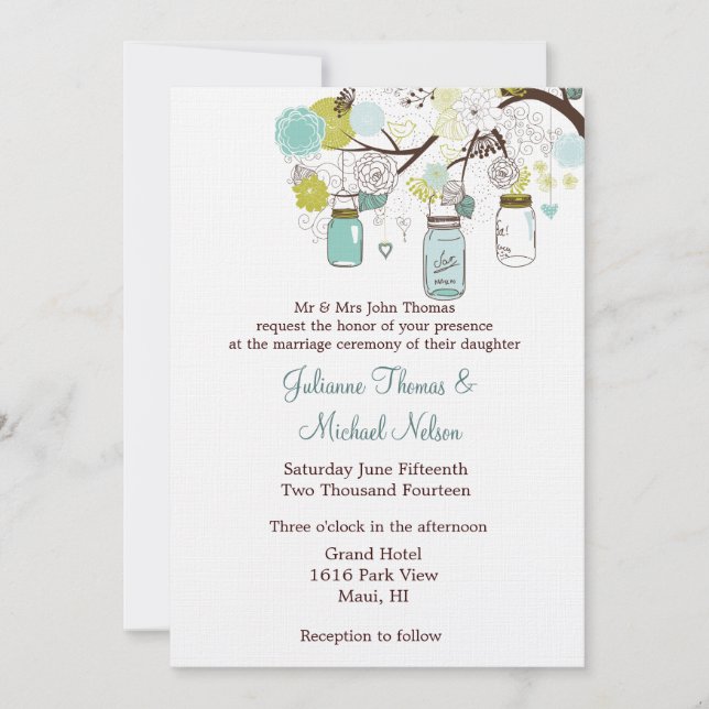 Blue Green Mason Jars Flowers Wedding Invitation (Front)