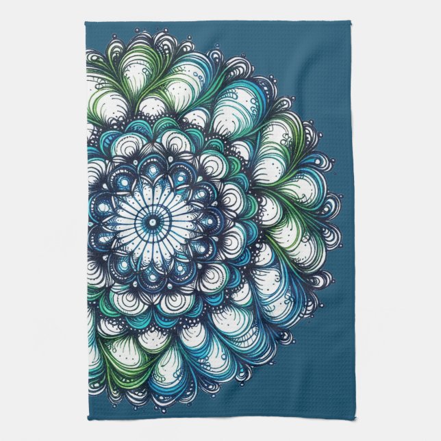 Blue Green Medallion - Abstract  Tea Towel (Vertical)