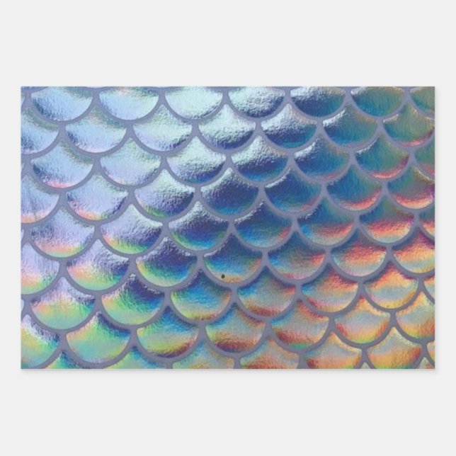 Blue Green Mermaid Scales Holographic Decoupage Wrapping Paper Sheet (Front)
