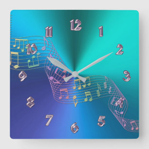 Blue Green Metallic Rainbow Music Notes Clock