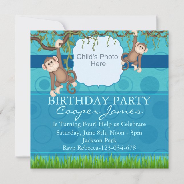 Blue & Green Monkey Fun Photo Birthday Invite (Front)