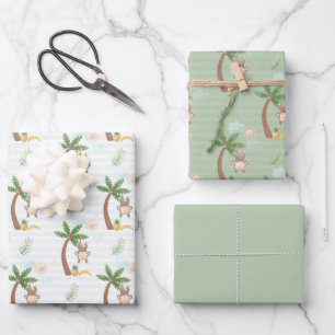 Blue Green  Monkey Tree Clouds Baby Shower  Wrapping Paper Sheet