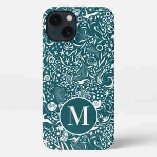 Blue Green Monogram Initial Ocean Pattern iPhone 13 Case