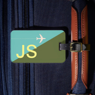 blue green monogrammed Aeroplane Travel Luggage Tag
