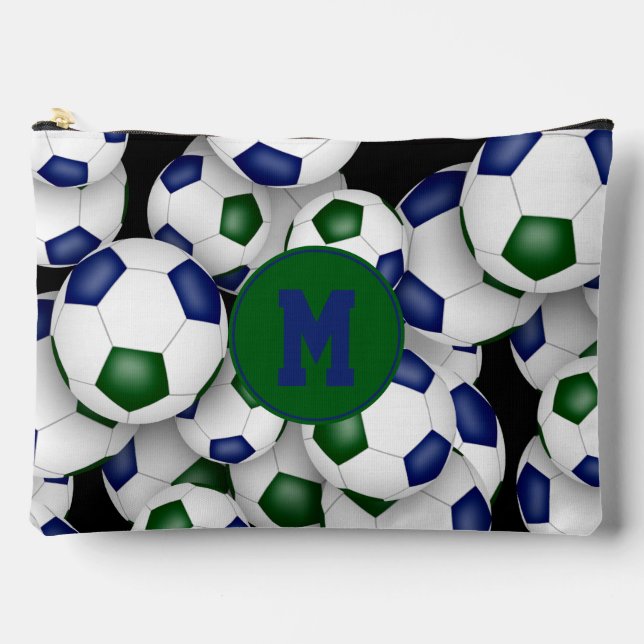 blue green monogrammed soccer balls pattern  accessory pouch (Front)