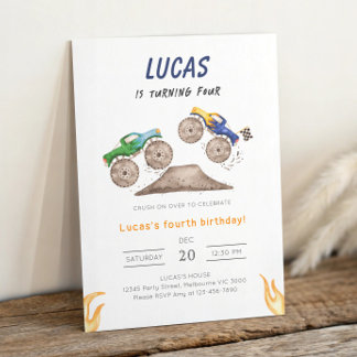 Blue & Green Monster Truck Birthday Party Invitation