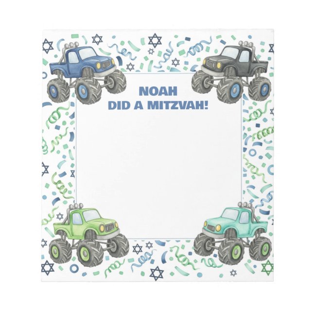 Blue Green Monster Truck Personalised Mitzvah  Notepad (Front)