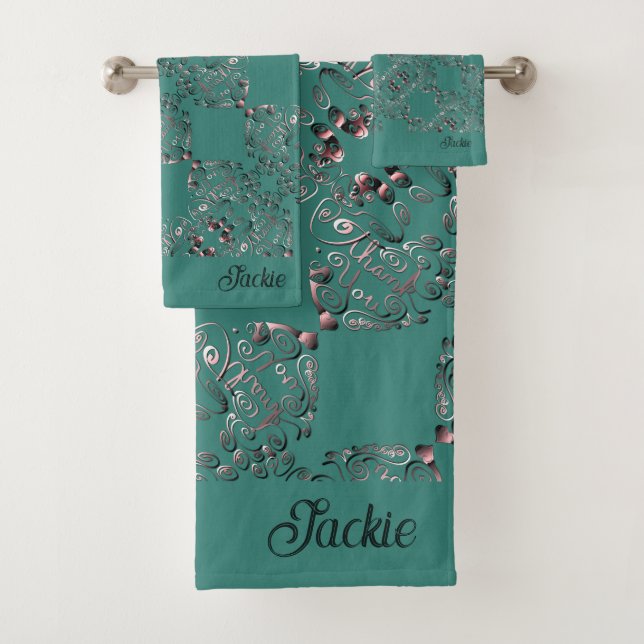 Blue Green Mottled "Thank you" Name Bath Towel (Insitu)