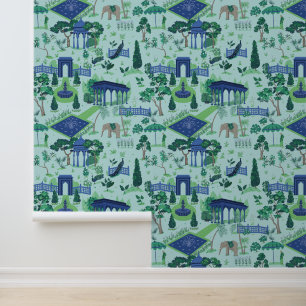 Blue & Green Mughal Garden Pattern Wallpaper