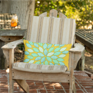Blue Green Mustard Chrysanthemum Modern Floral Outdoor Cushion