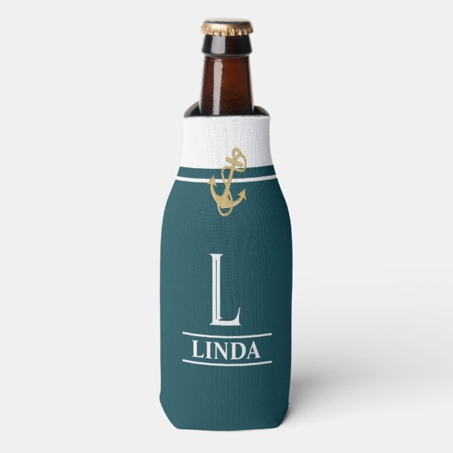Blue Green Nautical Monogrammed Bottle Cooler (Bottle Front)