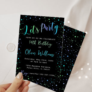 Blue green neon birthday boy invitation