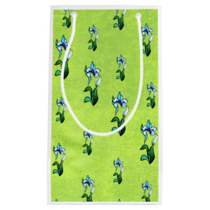 Blue green neon flowers on abstract green small gift bag