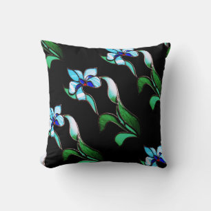 Blue green neon flowers on black cushion