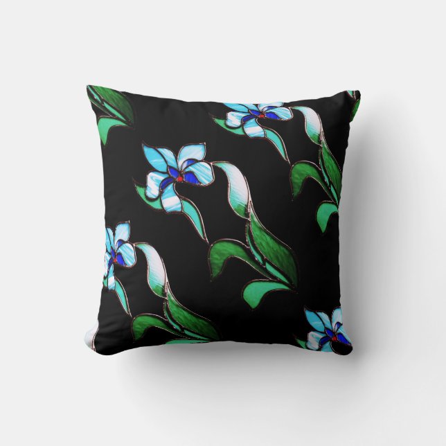 Blue green neon flowers on black cushion (Front)
