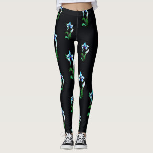 Blue green neon flowers on black leggings