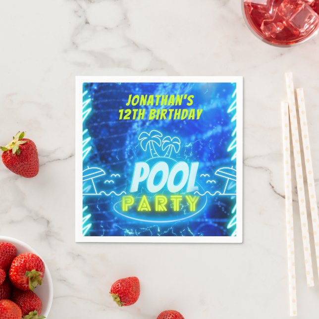Blue Green Neon Glowing Boys Birthday Pool Party Napkin (Insitu)