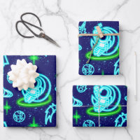 Blue Green Neon Glowing Space Astronaut Rockets