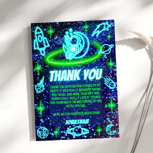 Blue Green Neon Glowing Space Planets Boy's Party Thank You Card