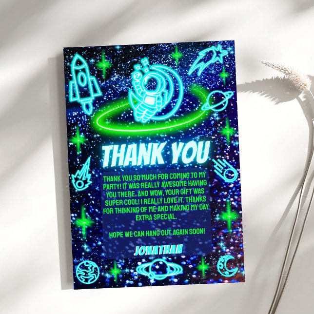 Blue Green Neon Glowing Space Planets Boy's Party Thank You Card (Creator Uploaded)