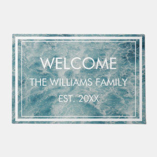 Blue Green Ocean Summer Beach Family Name Custom Doormat