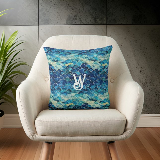 Blue Green Ocean Wave Mermaid Scales Monogram Cushion (Creator Uploaded)