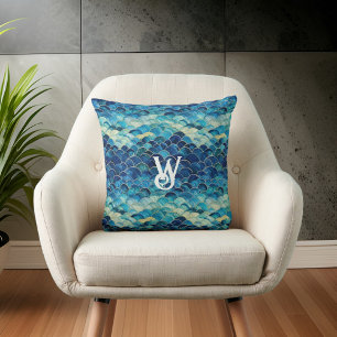 Blue Green Ocean Wave Mermaid Scales Monogram Cushion