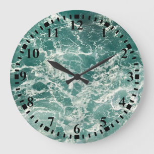 Blue Green Ocean Waves Large Clock