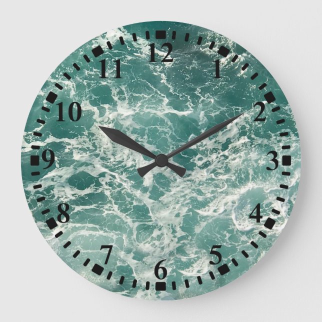 Blue Green Ocean Waves Large Clock (Front)