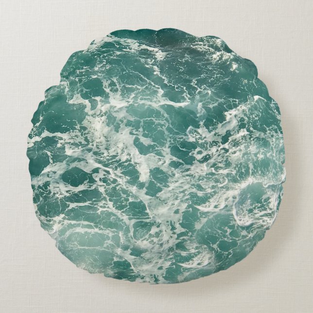 Blue Green Ocean Waves Round Cushion (Front)