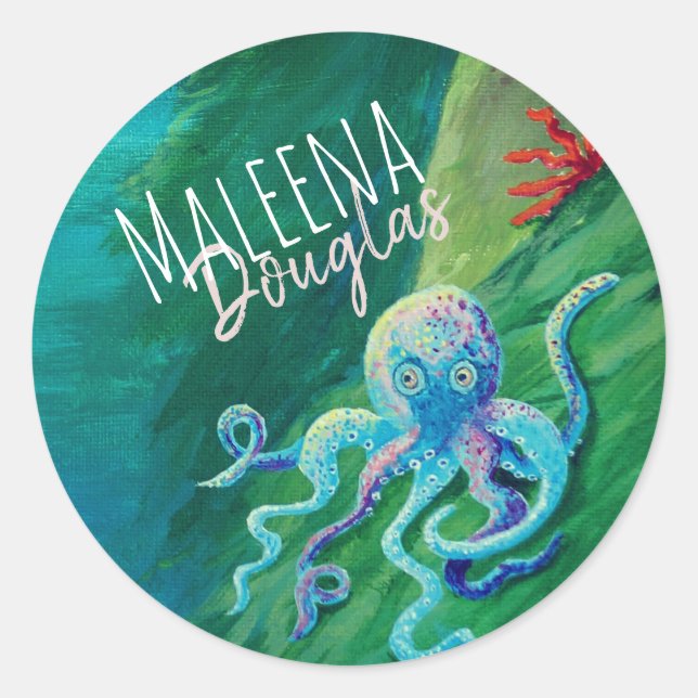 Blue, Green Octopus Undersea Ocean Sea Creature Classic Round Sticker (Front)