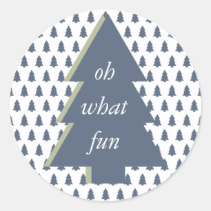 Blue Green Oh What Fun Christmas Tree Pattern Classic Round Sticker