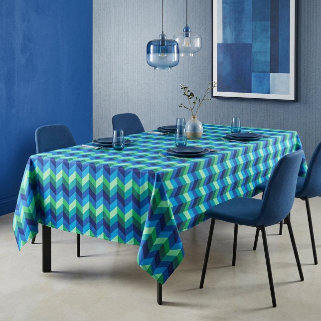 Blue Green Ombre Chevrons Large Tablecloth (Blue Green Ombre Chevrons Large Tablecloth covering a table in a modern style dining room.)