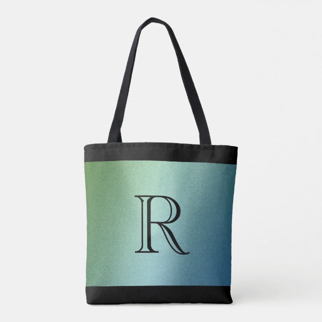 Blue Green Ombre Gradient with Monogram Tote Bag (Back)