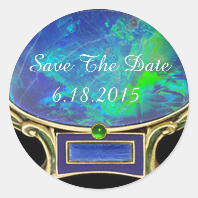BLUE GREEN OPAL ANTIQUE GOLD JEWEL Save The Date Classic Round Sticker (Front)