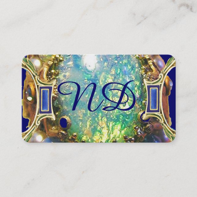 BLUE GREEN OPAL ,ART NOUVEAU GOLD JEWEL MONOGRAM BUSINESS CARD (Front)