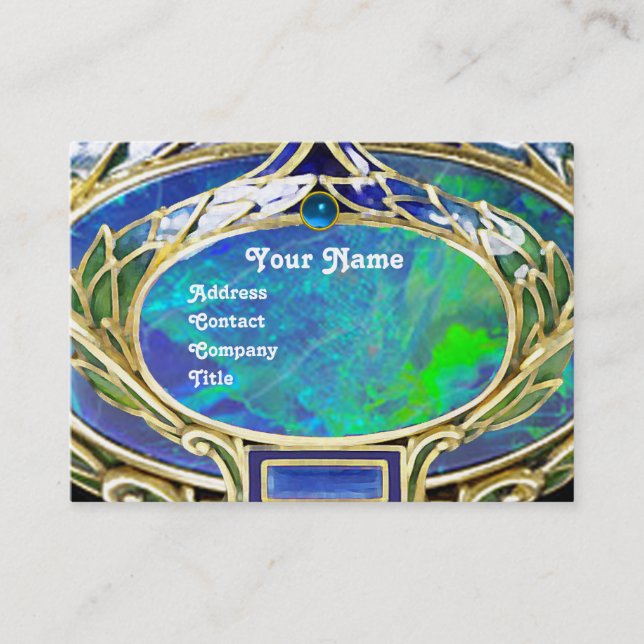 BLUE GREEN OPAL ,ART NOUVEAU GOLD JEWEL MONOGRAM BUSINESS CARD (Front)