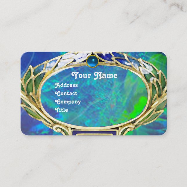 BLUE GREEN OPAL ,ART NOUVEAU GOLD JEWEL MONOGRAM BUSINESS CARD (Front)